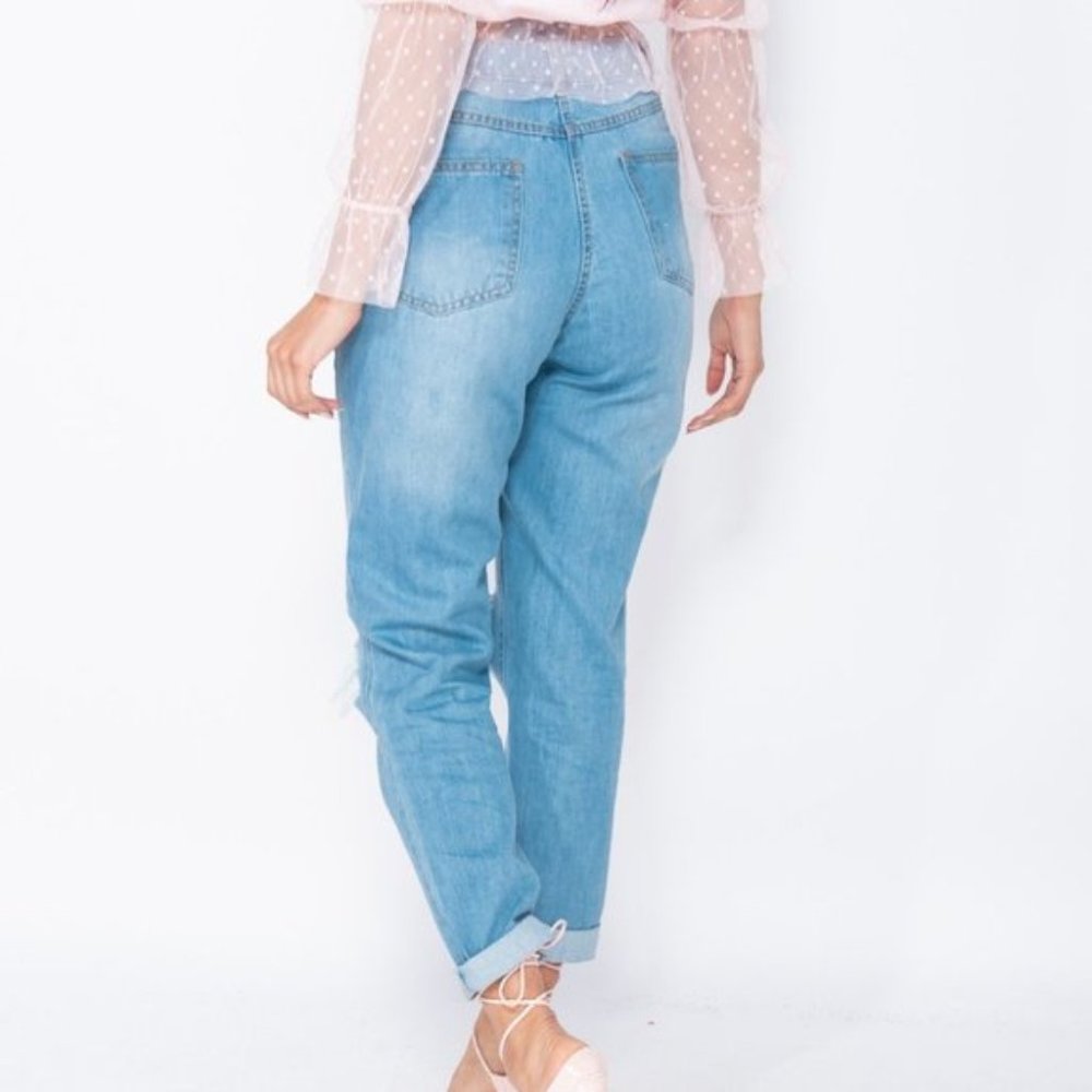 Blue High Waist Distressed Ripped Cuffed Boyfriend Jeans Denim Pants - Picture 11 of 16